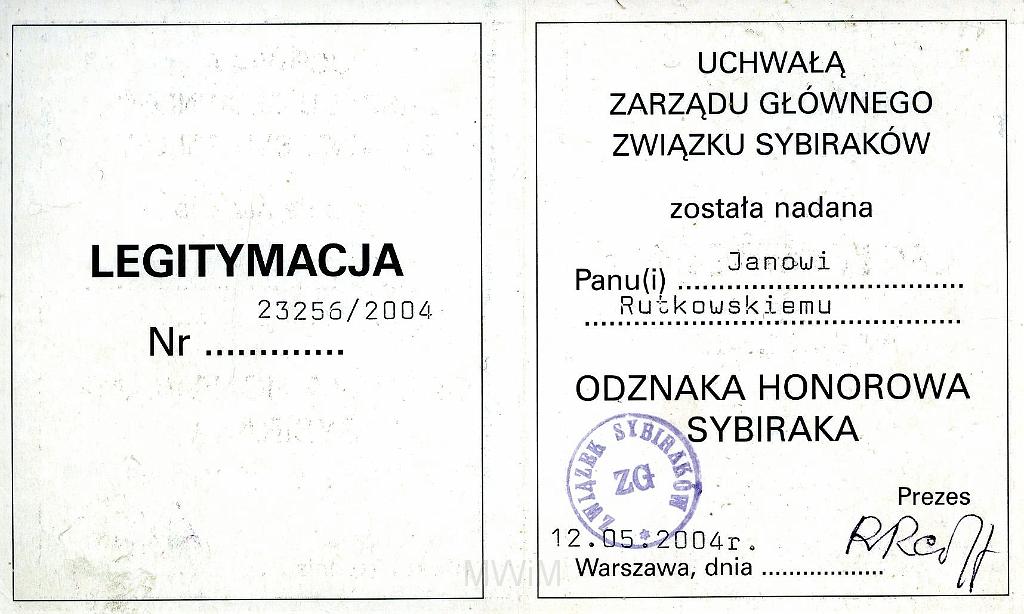 KKE 3273-2.jpg - Legitymacja Związku Siiraków "Odznaka Honrowo Sybiraka", Warszawa 2004 r.